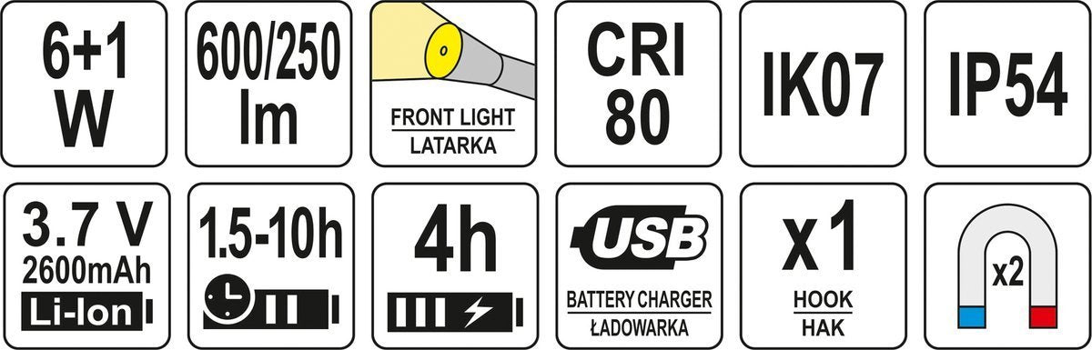 WORKSHOP LAMP 6W COB, 600LM + 250LM (YT-08558)