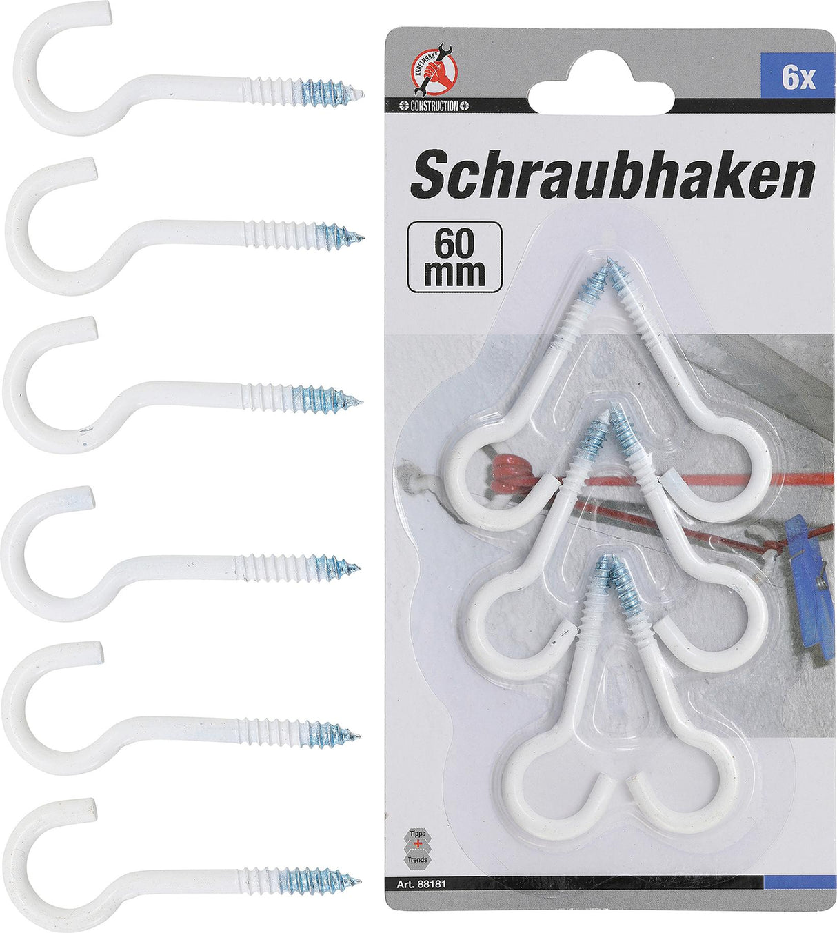 SCREW HOOK ASSORTMENT | WHITE | PLASTIC-COATED | 60 MM | 6 PCS. (88181)
