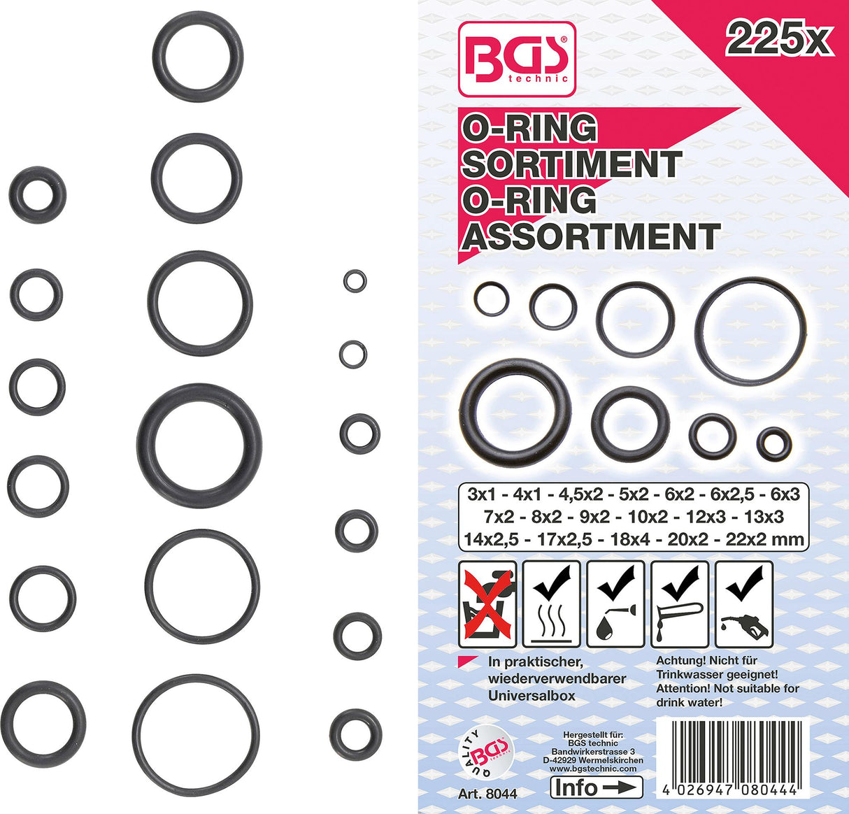 O-RING ASSORTMENT | Ø 3 - 22 MM | 225 PCS. (8044)