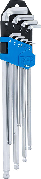 L-TYPE WRENCH SET | EXTRA LONG + EXTRA SHORT ENDS | INTERNAL HEXAGON / INTERNAL HEXAGON WITH BALL HEAD 1.5 - 10 MM | 9 PCS. (9374)
