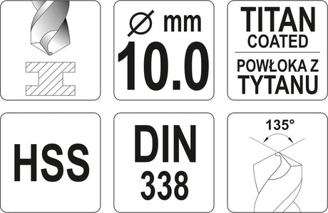 TWIST DRILL BIT HSS-TIN 10 MM (YT-44662)