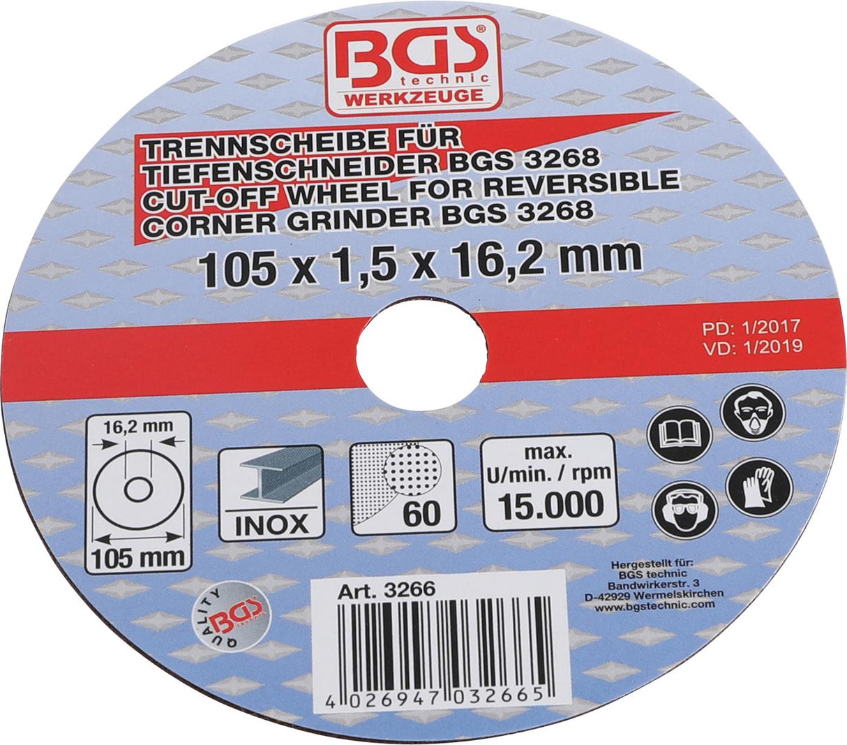 CUTTING DISC FOR BGS REVERSIBLE CORNER GRINDER | Ø 105 X 1.5 X 16.2 MM (3266)