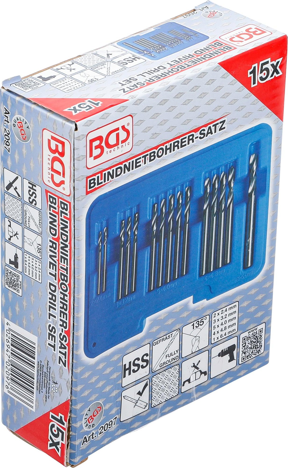 BLIND RIVET DRILL SET | HSS | 2.4 - 6.4 MM | 15 PCS. (2097)