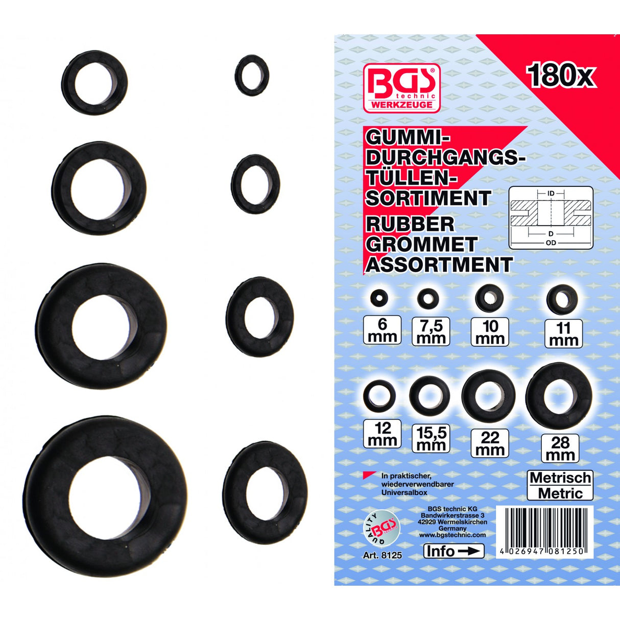 RUBBER GROMMET ASSORTMENT | METRIC | 180 PCS. (8125)