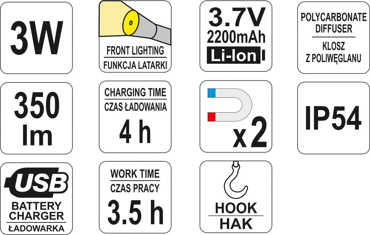 WORK LAMP RECHARGEABLE | 3W COB, 350LM + 100LM (YT-08560)