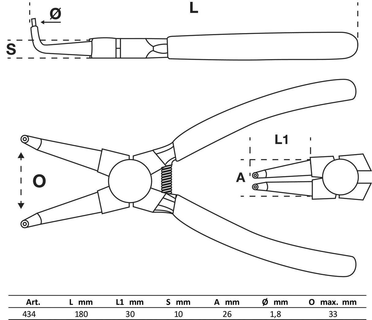 CIRCLIP PLIERS | ANGULAR | FOR INSIDE CIRCLIPS | 180 MM (434)