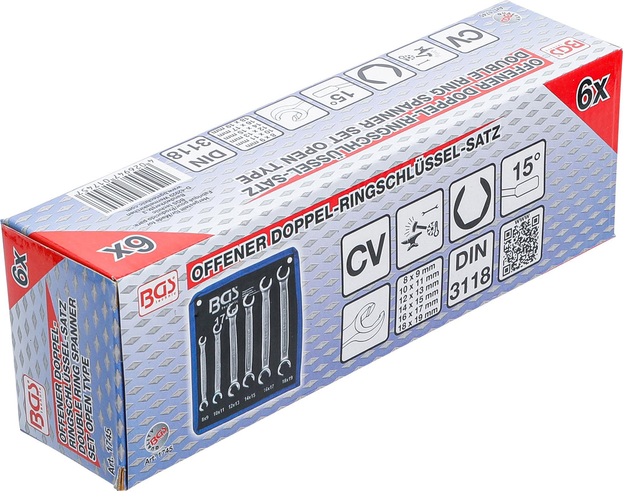 DOUBLE RING SPANNER SET, OPEN TYPE | 8 X 9 - 18 X 19 MM | 6 PCS. (1745)
