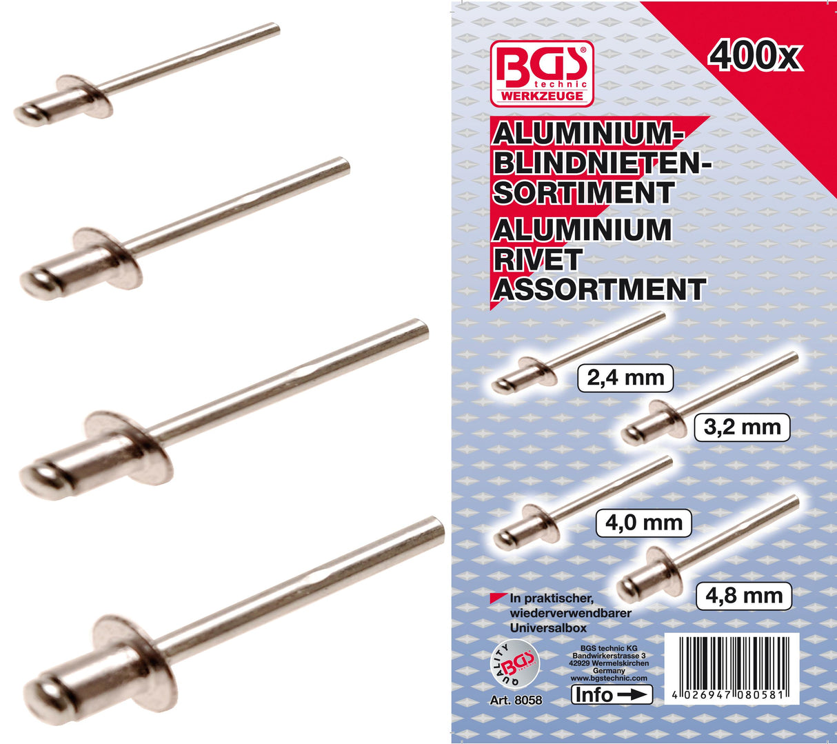 BLIND RIVETS ASSORTMENT | ALUMINIUM | Ø 2.4 - 4.8 MM | 400 PCS. (8058)