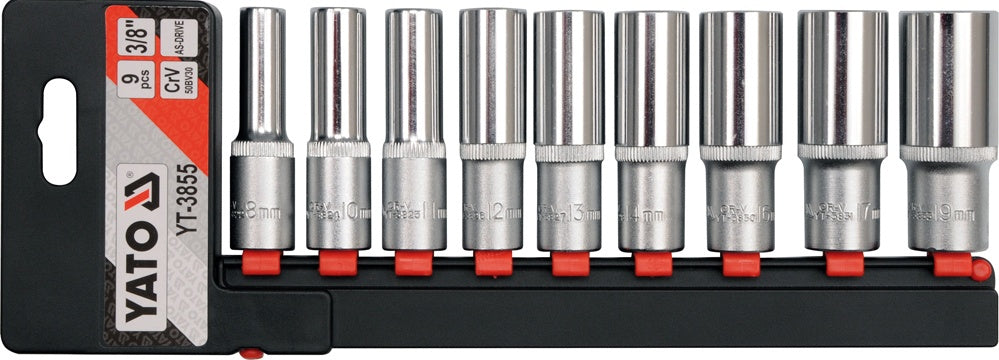 LONG SOCKET SET 3/8", CR-V, 9 PCS. 8 - 19 MM. (YT-3855)