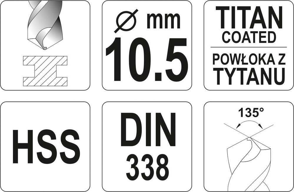 TWIST DRILL BIT HSS-TIN 10,5 MM (YT-44663)