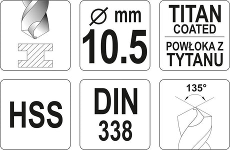 TWIST DRILL BIT HSS-TIN 10,5 MM (YT-44663)