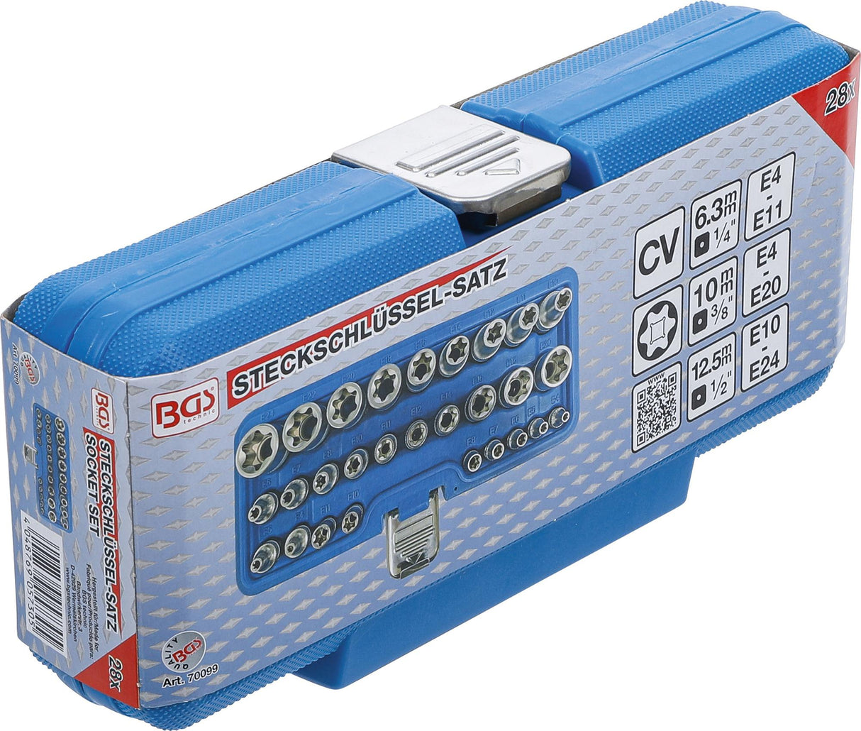 SOCKET SET, E-TYPE | 6.3 MM (1/4") / 12.5 MM (1/2") DRIVE | E4 - E24 | 28 PCS. (70099)